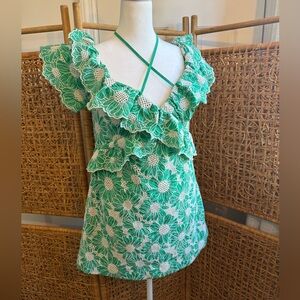 Lost + Wander Green Floral Eyelet Ruffle Mini Dress
